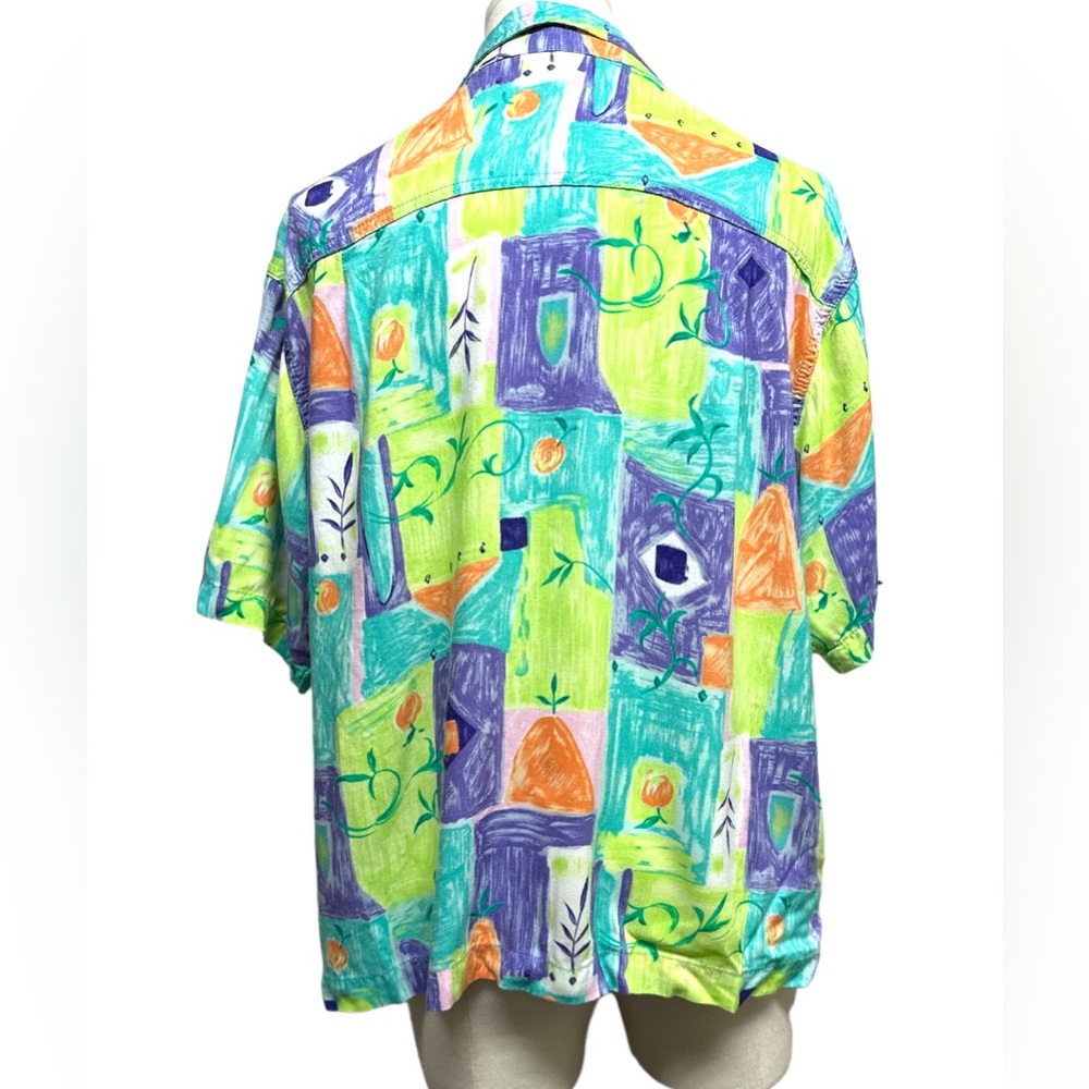 Weekend Clothes Line Retro 80’s Womens Shirt Sz L Green Blue Floral Print Rayon - Picture 2 of 9